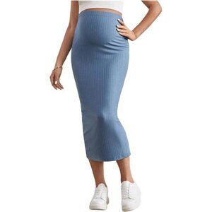 Women's Skirt Rib Knit High Waist Long Skirt Blue
